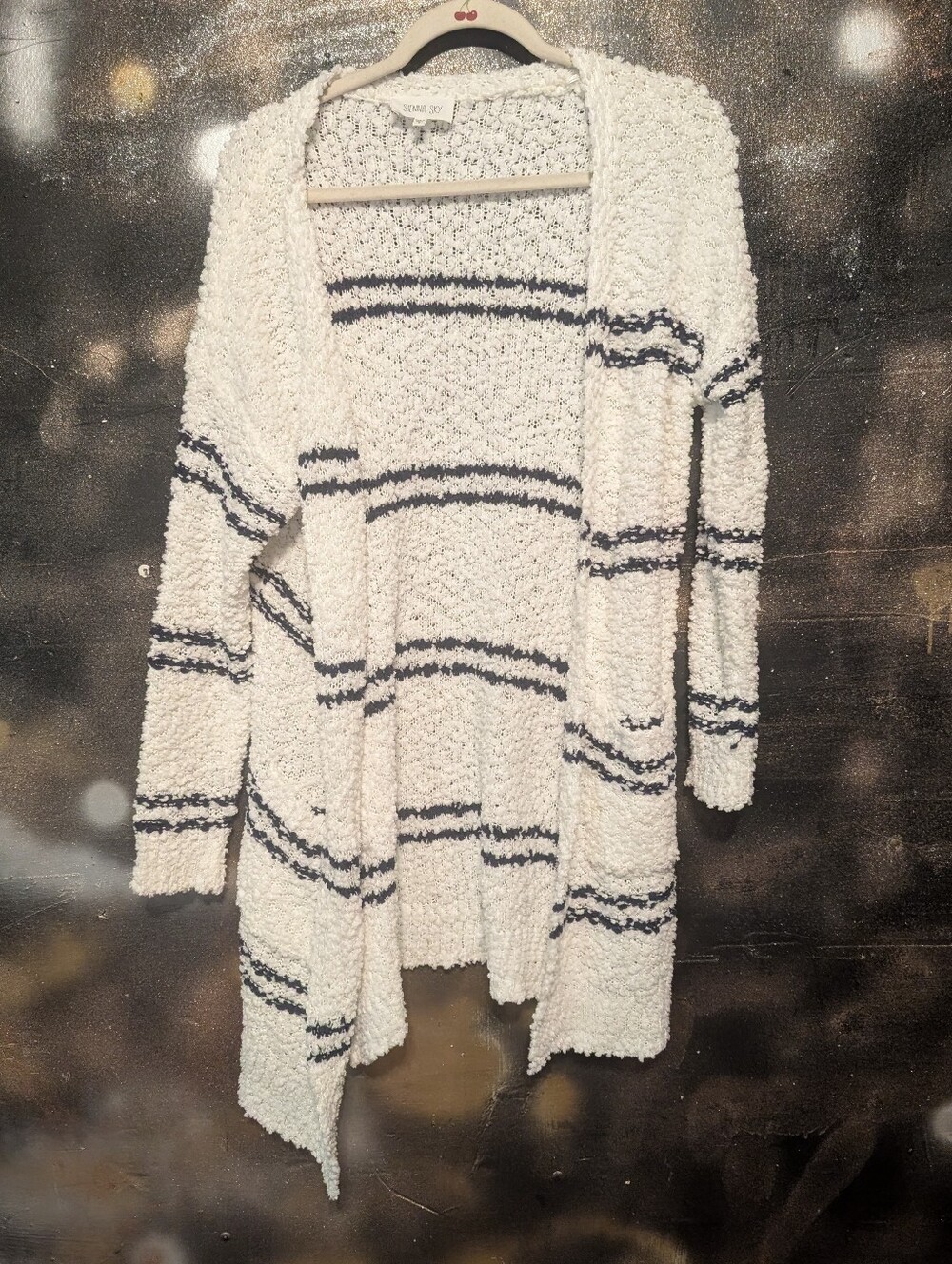 Sienna Sky Ivory Open-Front Cardigan with Navy Stripes
